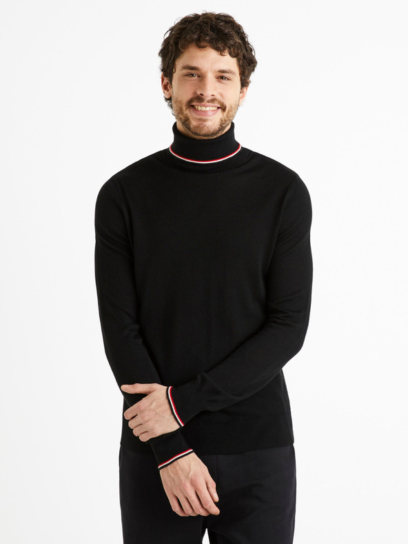 Celio Μαύρο ανδρικό πουλόβερ ζιβάγκο με μάλλινο μείγμα Celio Deblack