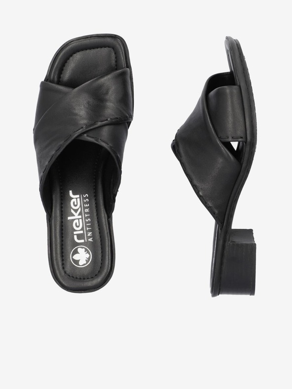 Rieker Μαύρες γυναικείες δερμάτινες παντόφλες Rieker