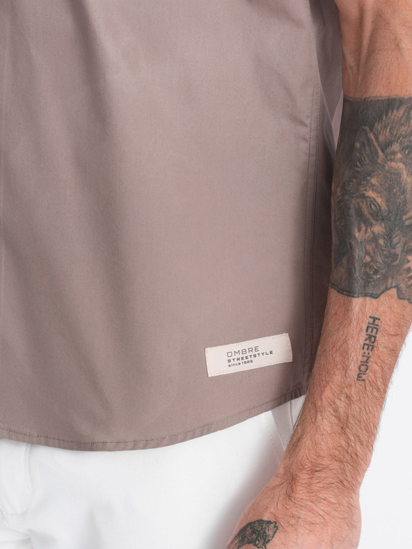 Ombre Clothing Καφέ ανδρικό κοντομάνικο πουκάμισο Ombre Clothing