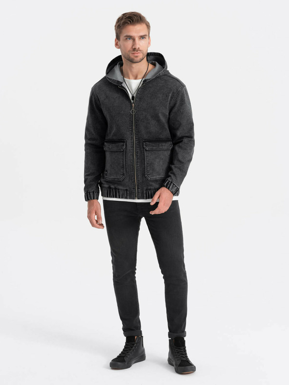 Ombre Clothing Μαύρο ανδρικό τζιν μπουφάν με κουκούλα Ombre Clothing