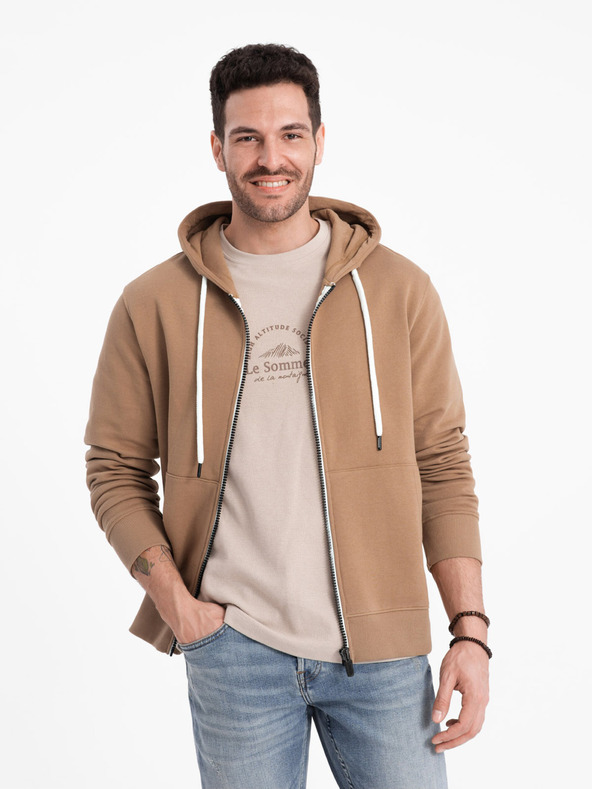 Ombre Clothing Καφέ ανδρική βασική φούτερ με φερμουάρ και κουκούλα Ombre Clothing