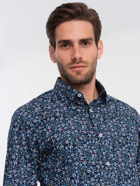 Ombre Clothing Μπλε ανδρικό πουκάμισο με μοτίβο σε λεπτή γραμμή Ombre Clothing