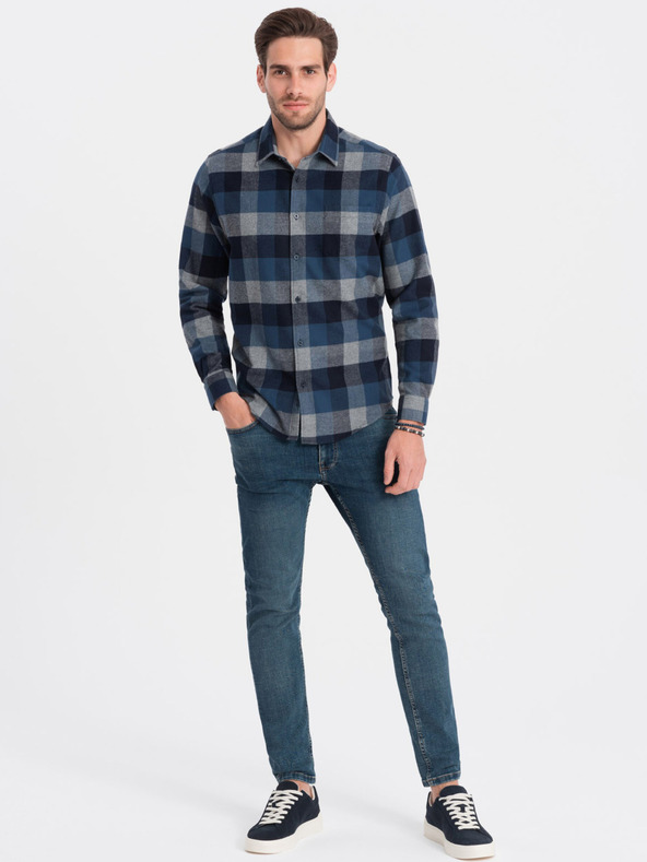 Ombre Clothing Μπλε ανδρικό καρό φανελλένιο πουκάμισο Ombre Clothing