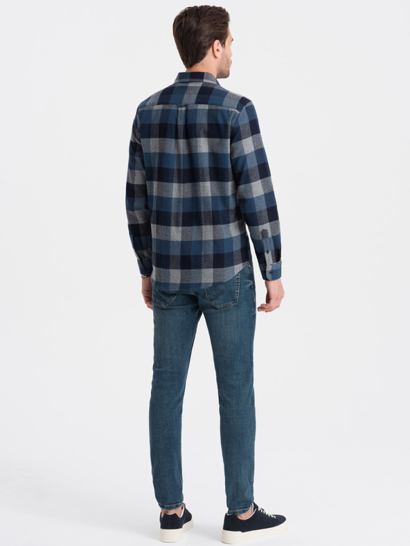 Ombre Clothing Μπλε ανδρικό καρό φανελλένιο πουκάμισο Ombre Clothing