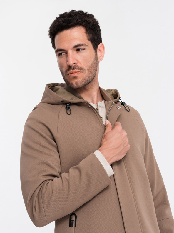 Ombre Clothing Ανδρικό καφέ παλτό με κουκούλα Ombre Ρούχα