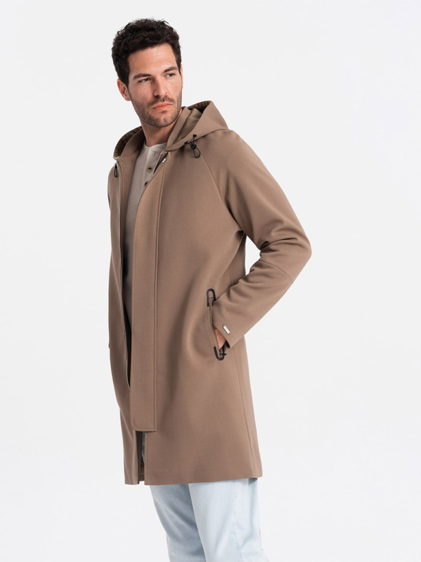 Ombre Clothing Ανδρικό καφέ παλτό με κουκούλα Ombre Ρούχα