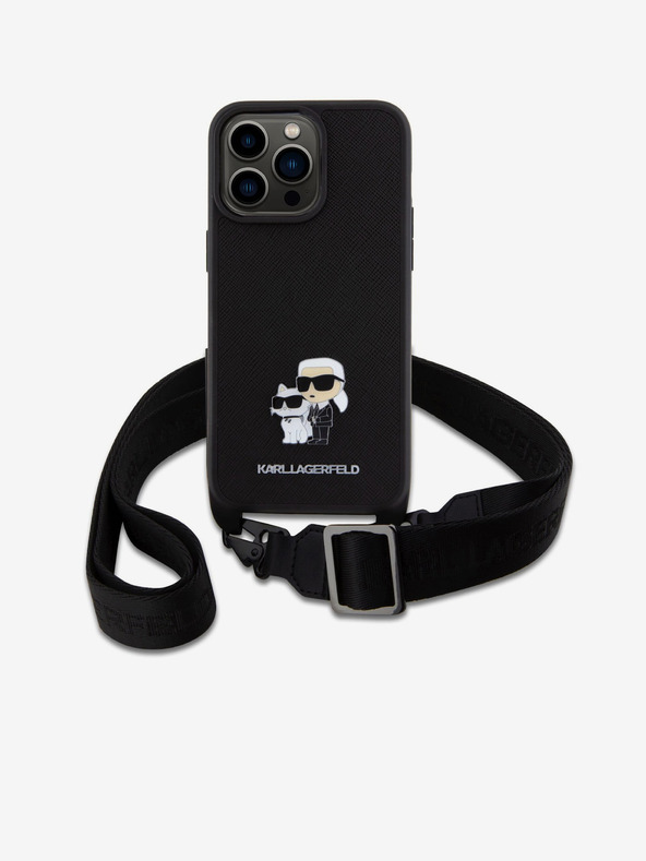 Karl Lagerfeld Κάλυμμα πλάτης Saffiano Crossbody Strap Metal Karl and Choupette για iPhone 15 Pro Max μαύρο Karl Lagerfeld