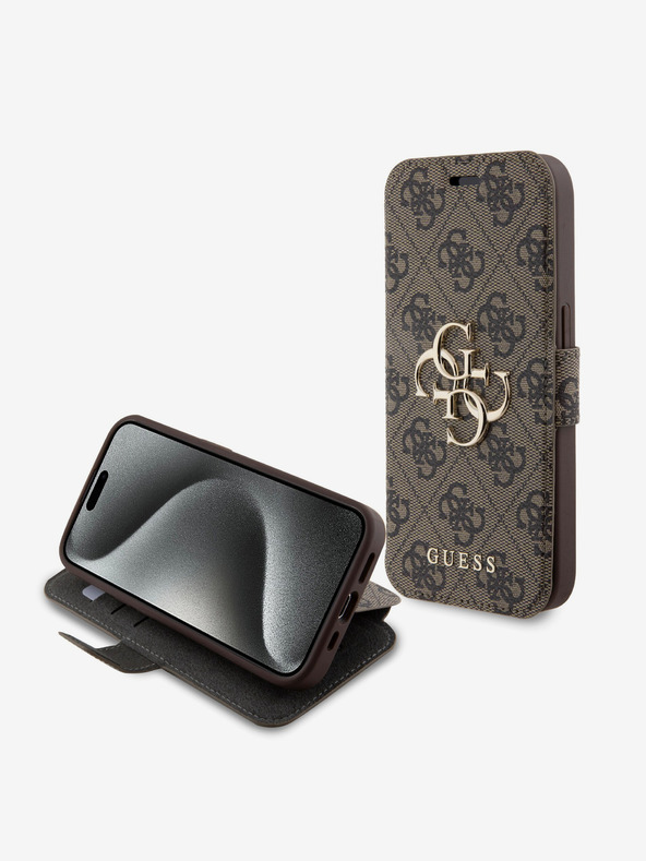 Guess Guess PU Leather 4G θήκη βιβλίου με μεταλλικό λογότυπο για iPhone 15 Pro Max καφέ