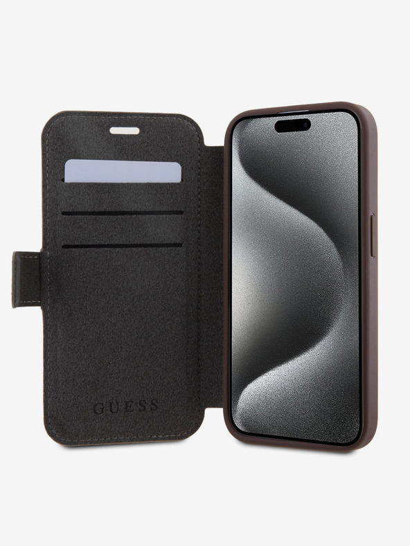 Guess Guess PU Leather 4G θήκη βιβλίου με μεταλλικό λογότυπο για iPhone 15 Pro Max καφέ