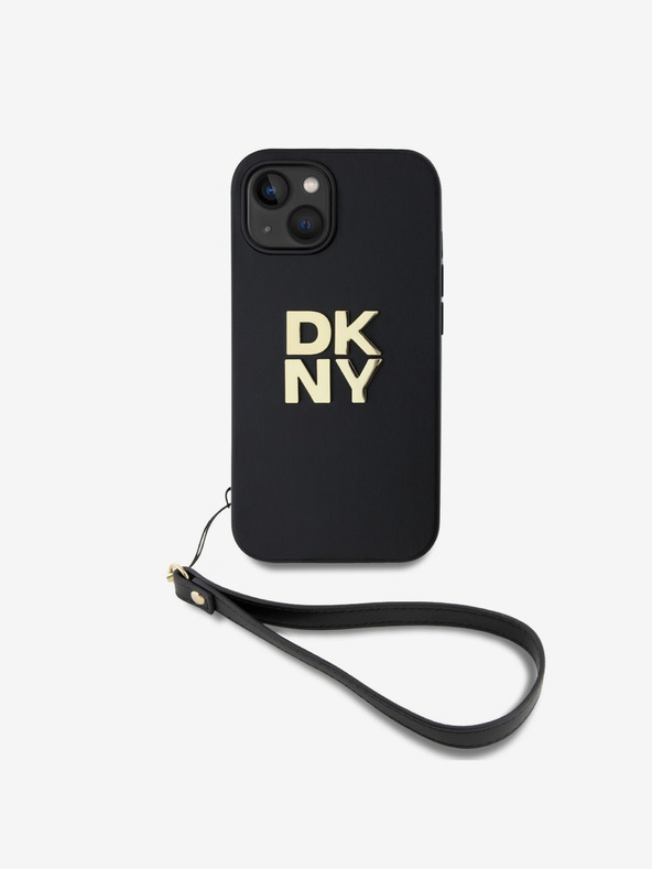 DKNY PU Leather Stack Logo Wrist Strap Back Cover για iPhone 15 Μαύρο DKNY