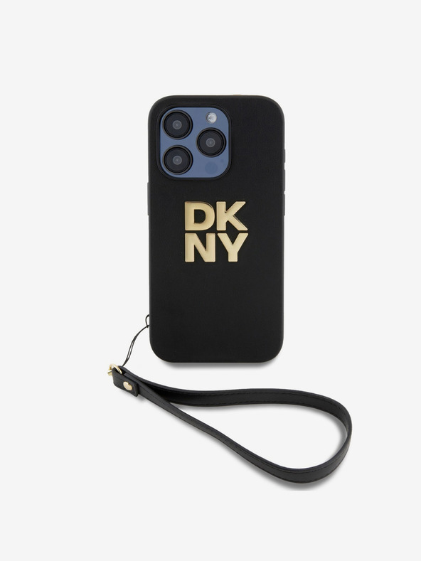 DKNY PU Leather Stack Logo Wrist Strap Back Cover για iPhone 15 Pro Μαύρο DKNY