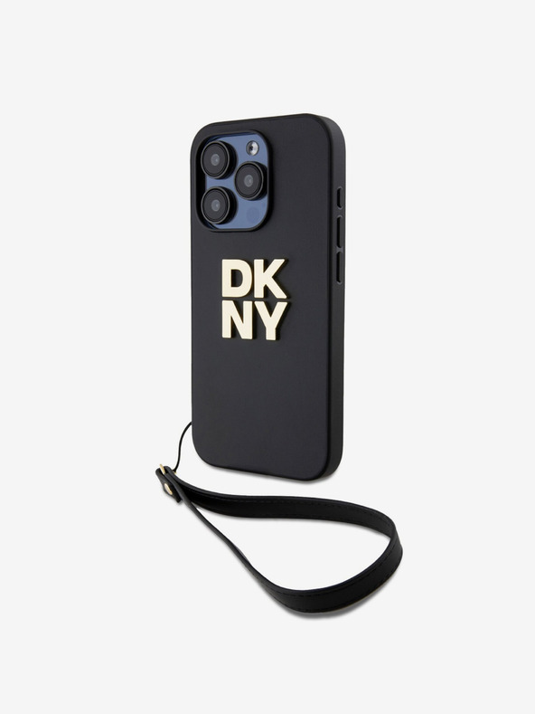 DKNY PU Leather Stack Logo Wrist Strap Back Cover για iPhone 15 Pro Μαύρο DKNY