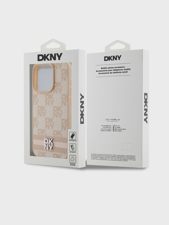 DKNY PU δερμάτινο κάλυμμα πλάτης με καρό μοτίβο και ρίγες για iPhone 15 Pro ροζ DKNY