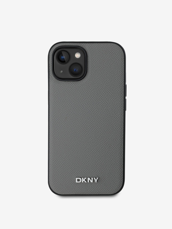 DKNY PU Leather Silver Metal Logo Magsafe Back Cover for iPhone 14 Grey DKNY
