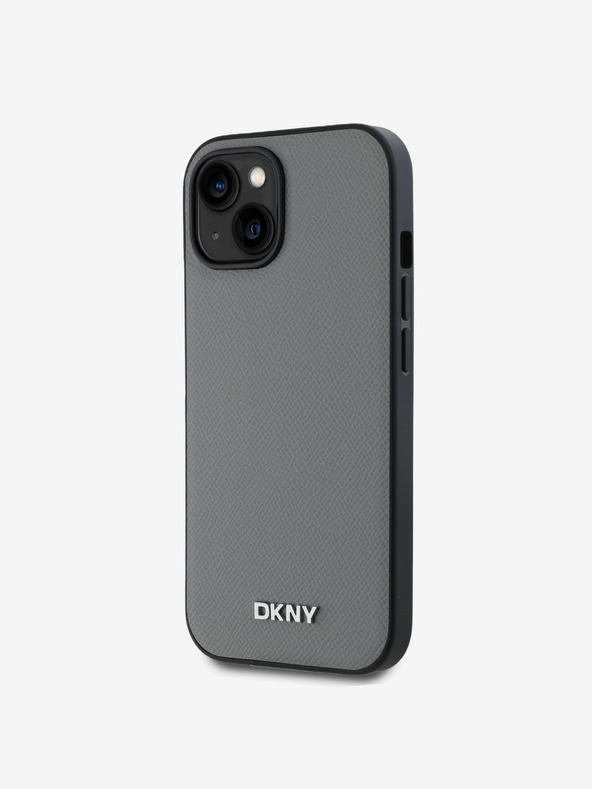 DKNY PU Leather Silver Metal Logo Magsafe Back Cover for iPhone 14 Grey DKNY
