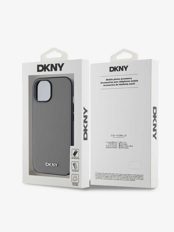 DKNY PU Leather Silver Metal Logo Magsafe Back Cover for iPhone 14 Grey DKNY