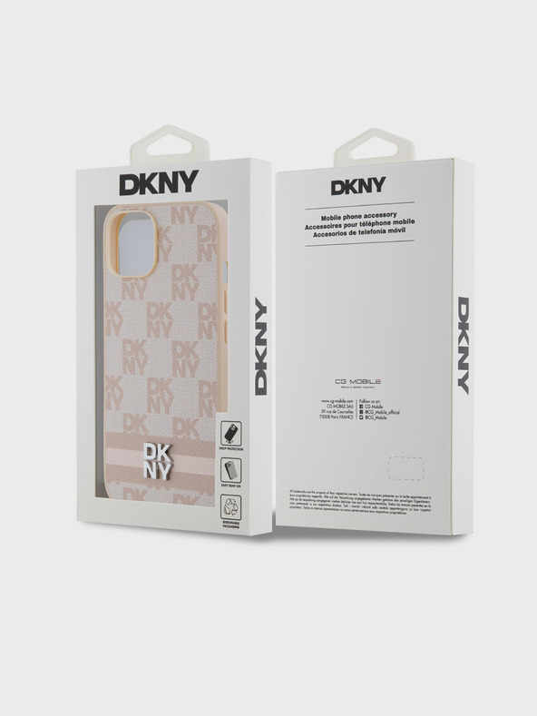 DKNY PU δερμάτινο κάλυμμα πλάτης με καρό μοτίβο και ρίγες για iPhone 15 ροζ DKNY
