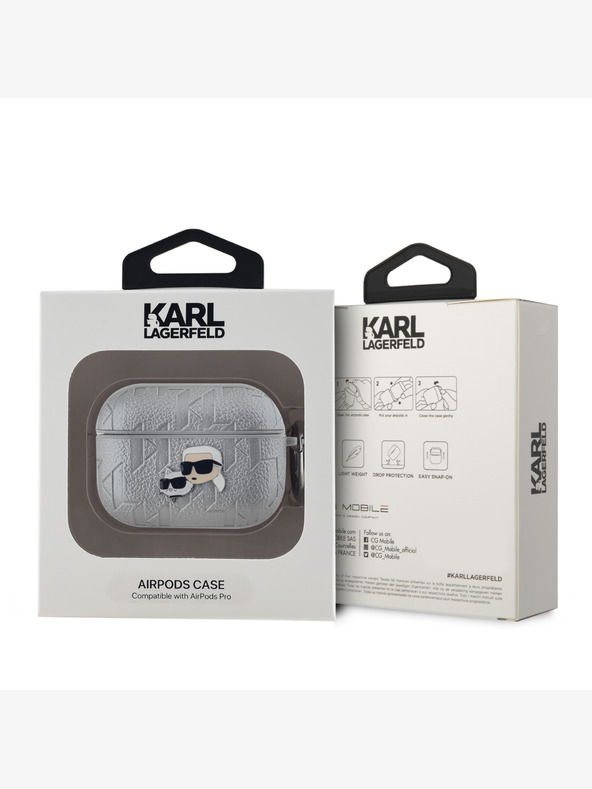 Karl Lagerfeld Θήκη Karl Lagerfeld PU με ανάγλυφα κεφάλια Karl και Choupette για AirPods Pro Ασημί