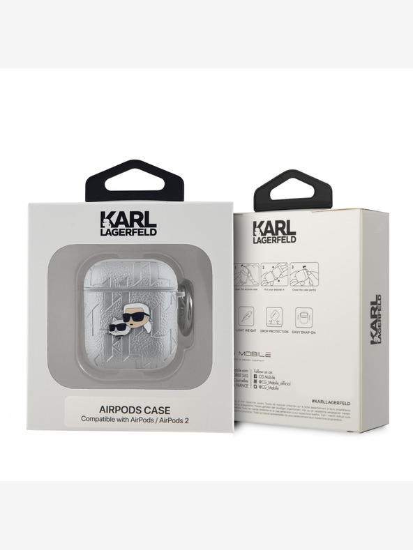 Karl Lagerfeld Θήκη με ανάγλυφα κεφάλια Karl και Choupette PU για AirPods 1/2 Silver Karl Lagerfeld