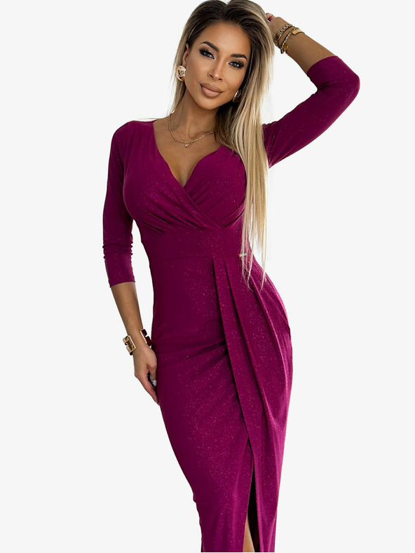 numoco Λαμπερό φόρεμα με λαιμόκοψη και σκίσιμο στα πόδια - φούξια με γκλίτερ Numoco