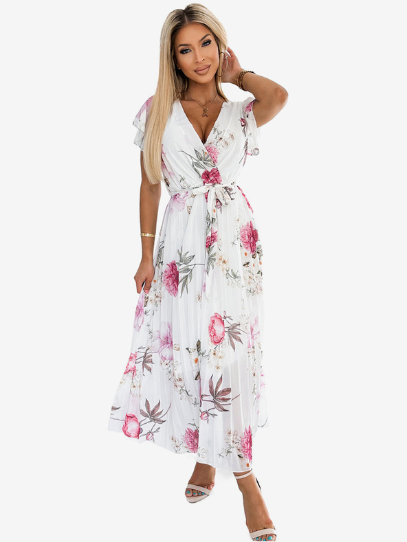 numoco Πλισέ μίντι φόρεμα με λαιμόκοψη και βολάν - ανοιξιάτικα λουλούδια σε λευκό φόντο Numoco LISA