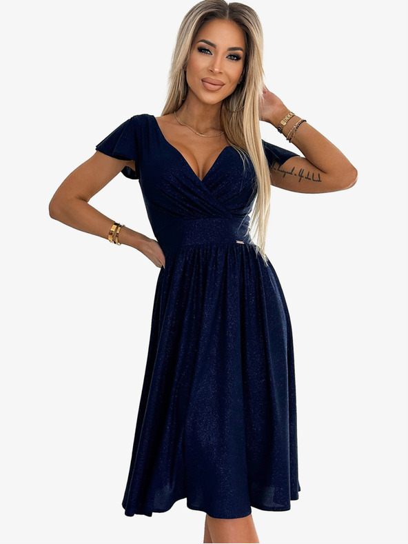 numoco Φόρεμα με κοντό μανίκι και λαιμόκοψη - σκούρο μπλε με glitter Numoco MATILDE