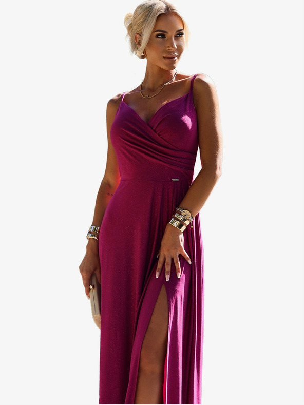 numoco Κομψό μακρύ μάξι φόρεμα με τιράντες - φούξια με γκλίτερ Numoco CHIARA