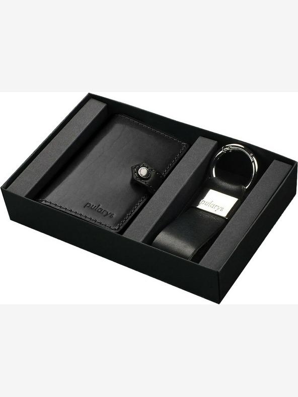 Pularys Pularys Ανδρικό δερμάτινο πορτοφόλι Hiker και σετ δώρου με μπρελόκ μαύρο 211314101