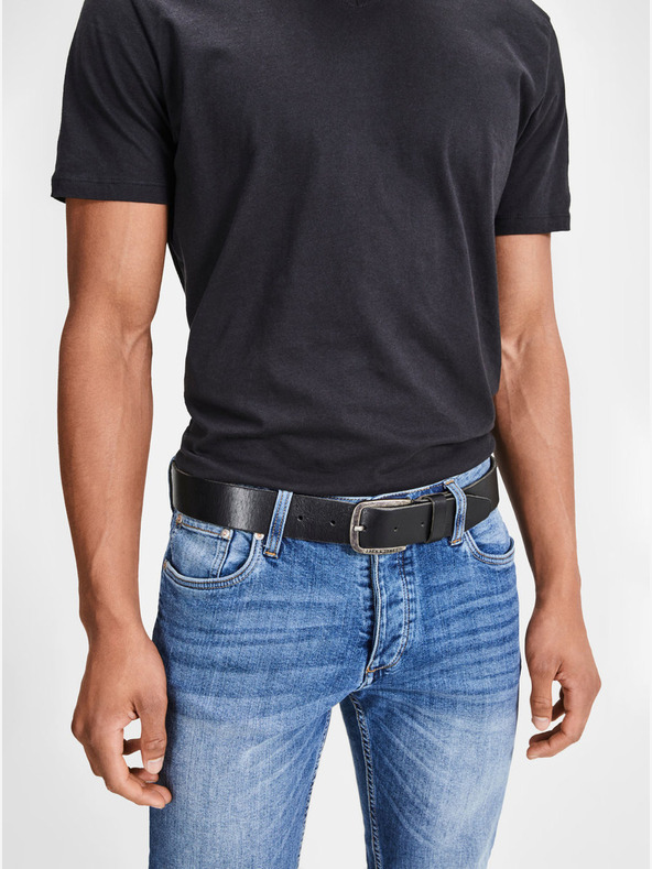 Jack & Jones Μαύρη δερμάτινη ανδρική ζώνη Jack & Jones Paul