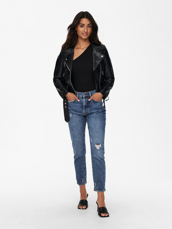 ONLY Μαύρο γυναικείο δερμάτινο μπουφάν ΜΟΝΟ Vera