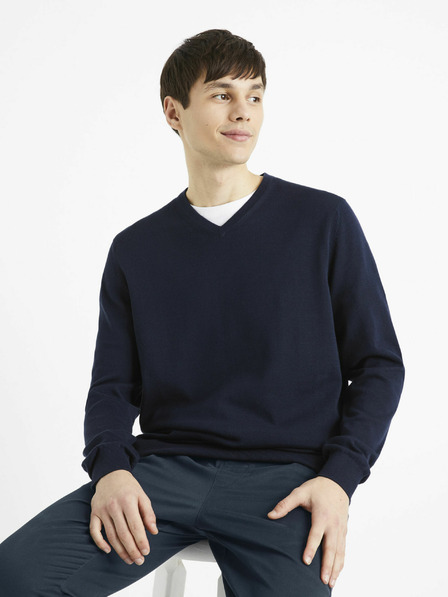 Celio Σκούρο μπλε ανδρικό βασικό πουλόβερ Celio Decotonv