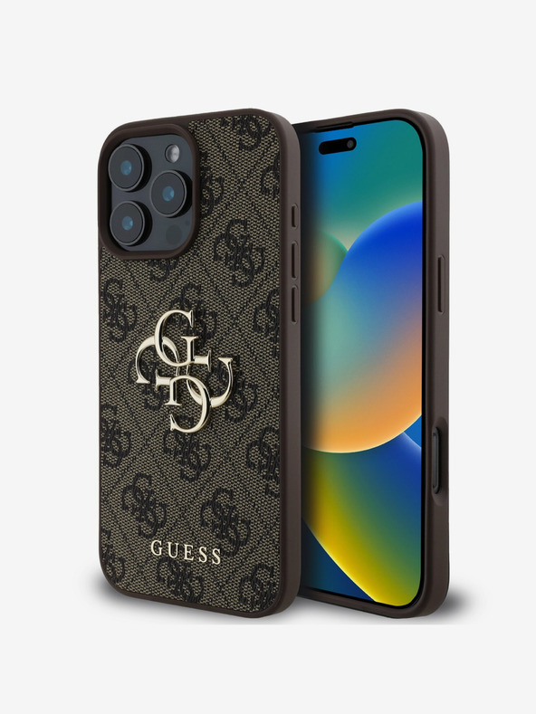 Guess Guess PU 4G μεταλλικό λογότυπο 4G πίσω κάλυμμα για iPhone 16 Pro καφέ