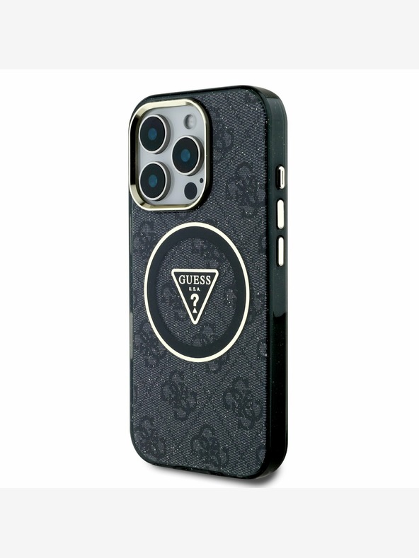 Guess Guess IML 4G Glitter και τριγωνικό λογότυπο MagSafe Back Cover για iPhone 16 Pro Μαύρο