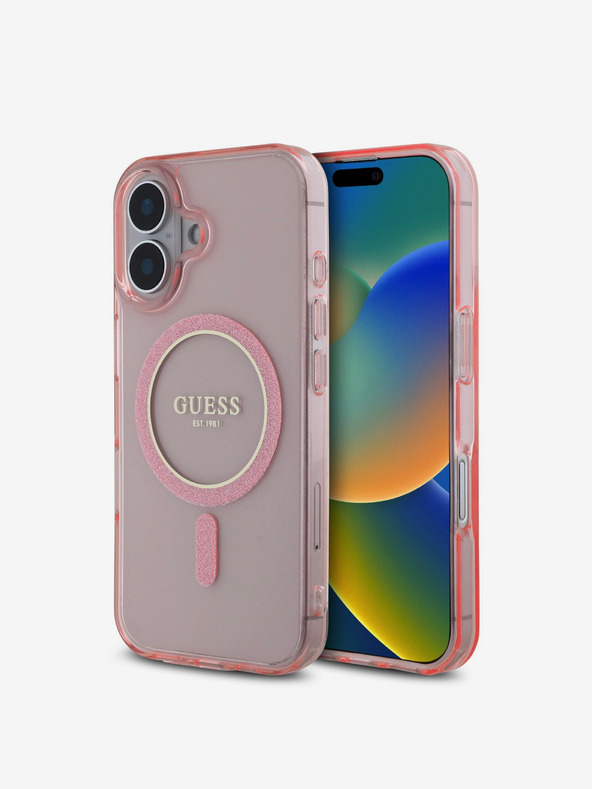Guess Guess IML Glitter Ring MagSafe Back Cover για iPhone 16 ροζ