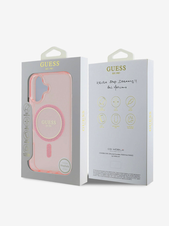 Guess Guess IML Glitter Ring MagSafe Back Cover για iPhone 16 ροζ