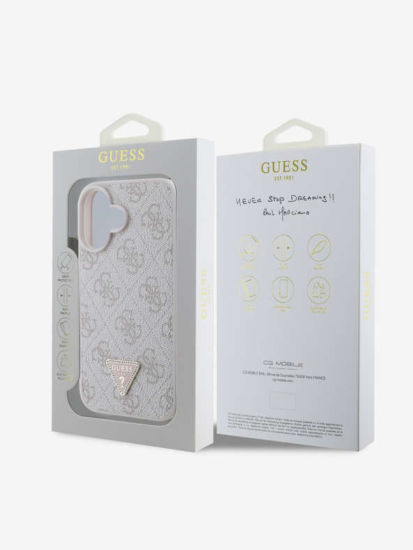 Guess Guess PU 4G Strass Τρίγωνο μεταλλικό λογότυπο με μεταλλικό λογότυπο Πίσω κάλυμμα για iPhone 16 Ροζ