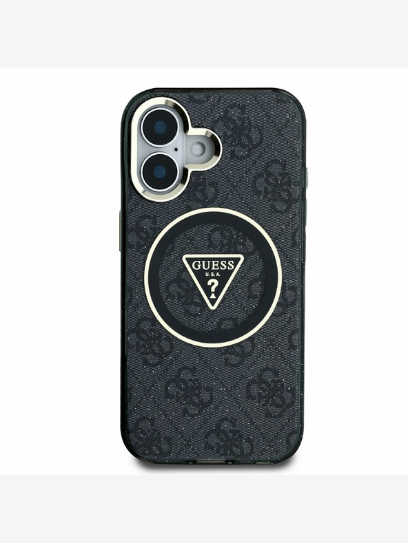 Guess Guess IML 4G Glitter και τριγωνικό λογότυπο MagSafe Back Cover για iPhone 16 Μαύρο