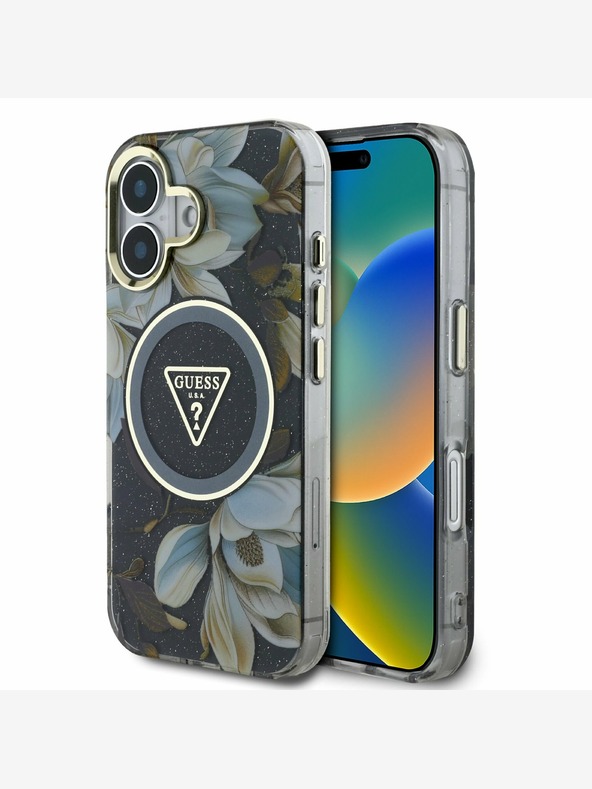 Guess Guess IML Glitter Magnolia and Triangle Logo MagSafe Back Cover για iPhone 16 Μαύρο