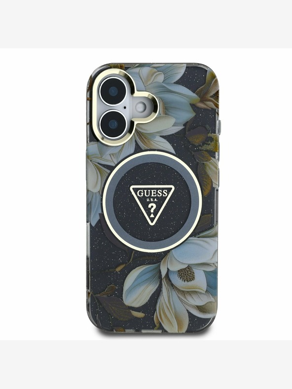 Guess Guess IML Glitter Magnolia and Triangle Logo MagSafe Back Cover για iPhone 16 Μαύρο