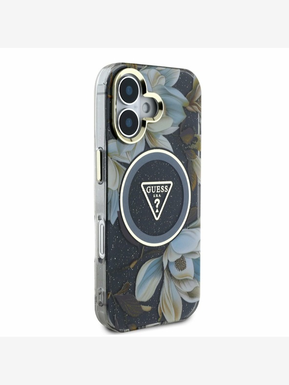 Guess Guess IML Glitter Magnolia and Triangle Logo MagSafe Back Cover για iPhone 16 Μαύρο