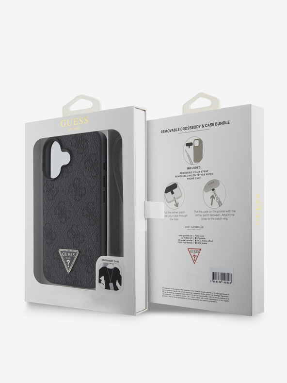 Guess Guess PU 4G Strass Τρίγωνο μεταλλικό λογότυπο με πίσω κάλυμμα + λουράκι σώματος για iPhone 16 Μαύρο