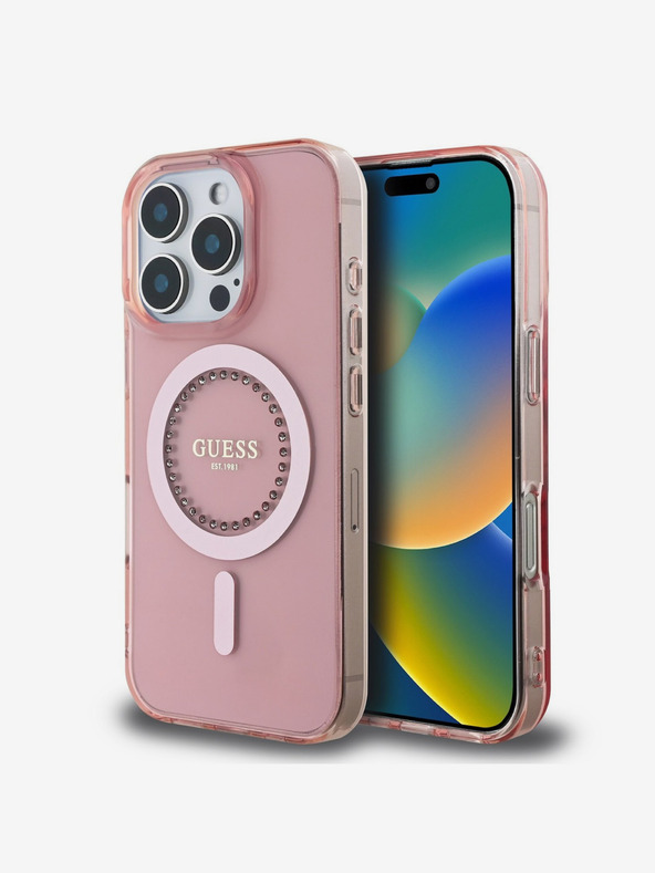 Guess Guess IML δαχτυλίδι με στρας MagSafe πίσω κάλυμμα για iPhone 16 Pro ροζ