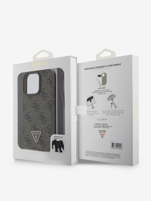 Guess Guess PU 4G Τρίγωνο με μεταλλικό λογότυπο Strass πίσω κάλυμμα + λουράκι σώματος για iPhone 16 Pro Καφέ καφέ