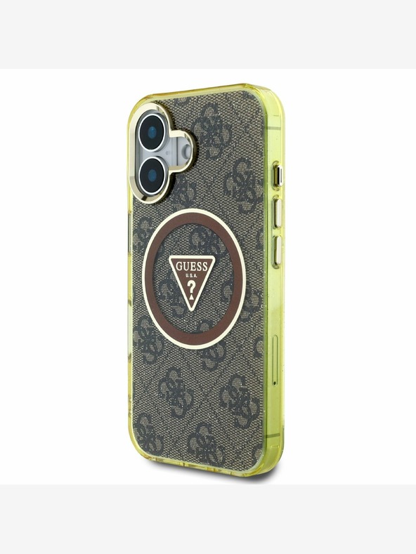 Guess Guess IML 4G Glitter και τριγωνικό λογότυπο MagSafe Back Cover για iPhone 16 Καφέ