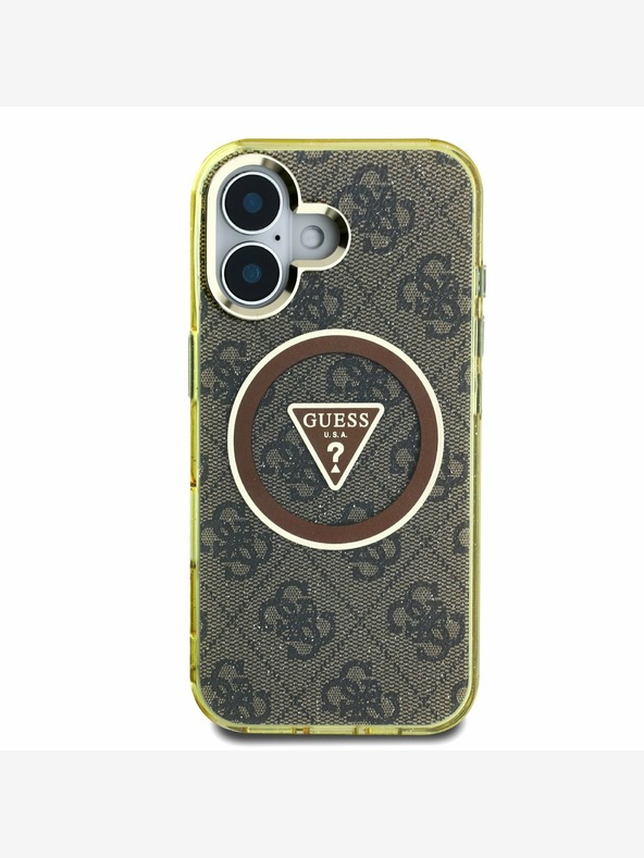 Guess Guess IML 4G Glitter και τριγωνικό λογότυπο MagSafe Back Cover για iPhone 16 Καφέ