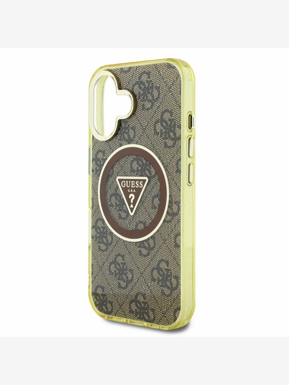 Guess Guess IML 4G Glitter και τριγωνικό λογότυπο MagSafe Back Cover για iPhone 16 Καφέ