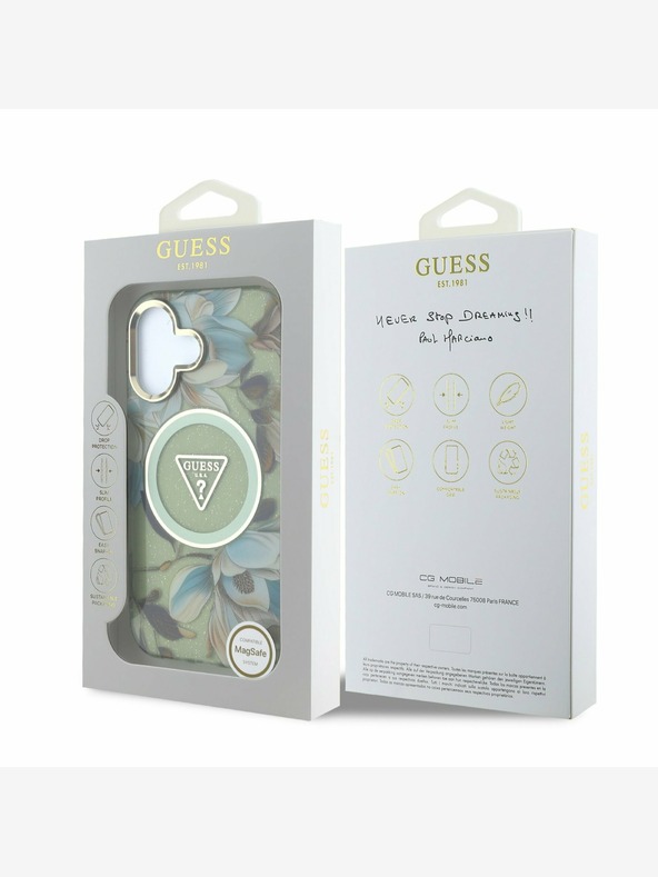 Guess Guess IML Glitter Magnolia και Triangle Logo MagSafe Back Cover για iPhone 16 Πράσινο