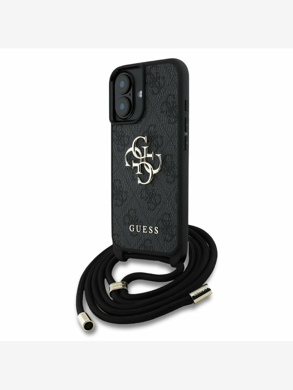 Guess Guess PU 4G Μεταλλικό λογότυπο Crossbody Strap πίσω κάλυμμα για iPhone 16 Μαύρο