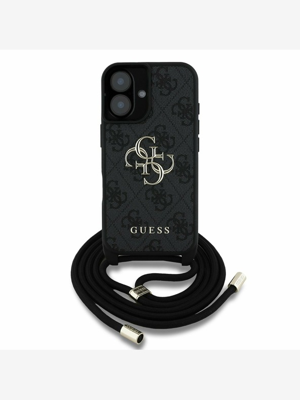 Guess Guess PU 4G Μεταλλικό λογότυπο Crossbody Strap πίσω κάλυμμα για iPhone 16 Μαύρο