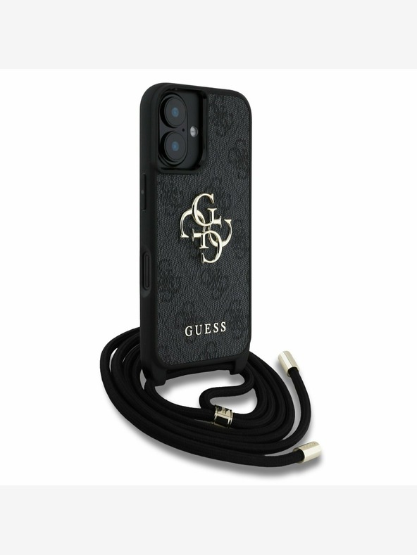 Guess Guess PU 4G Μεταλλικό λογότυπο Crossbody Strap πίσω κάλυμμα για iPhone 16 Μαύρο